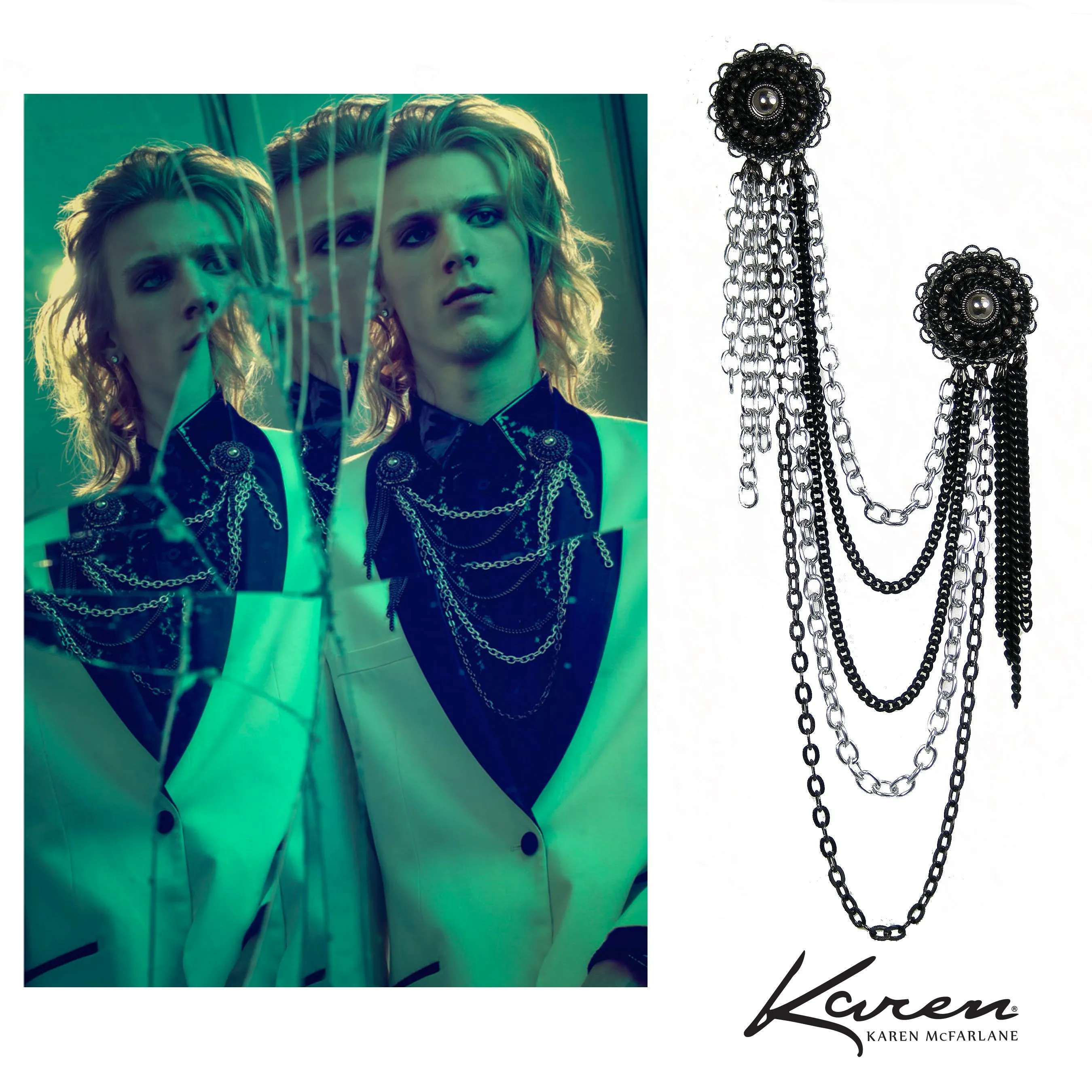 #1009p Silver Tone & Black Chain Double Button Pin
