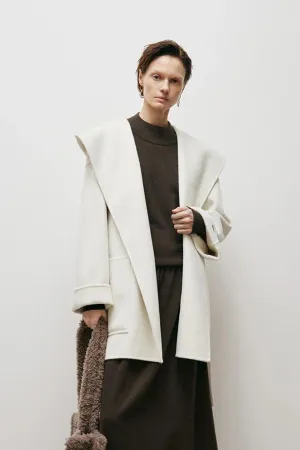 Belted Wool Coat with Hood White