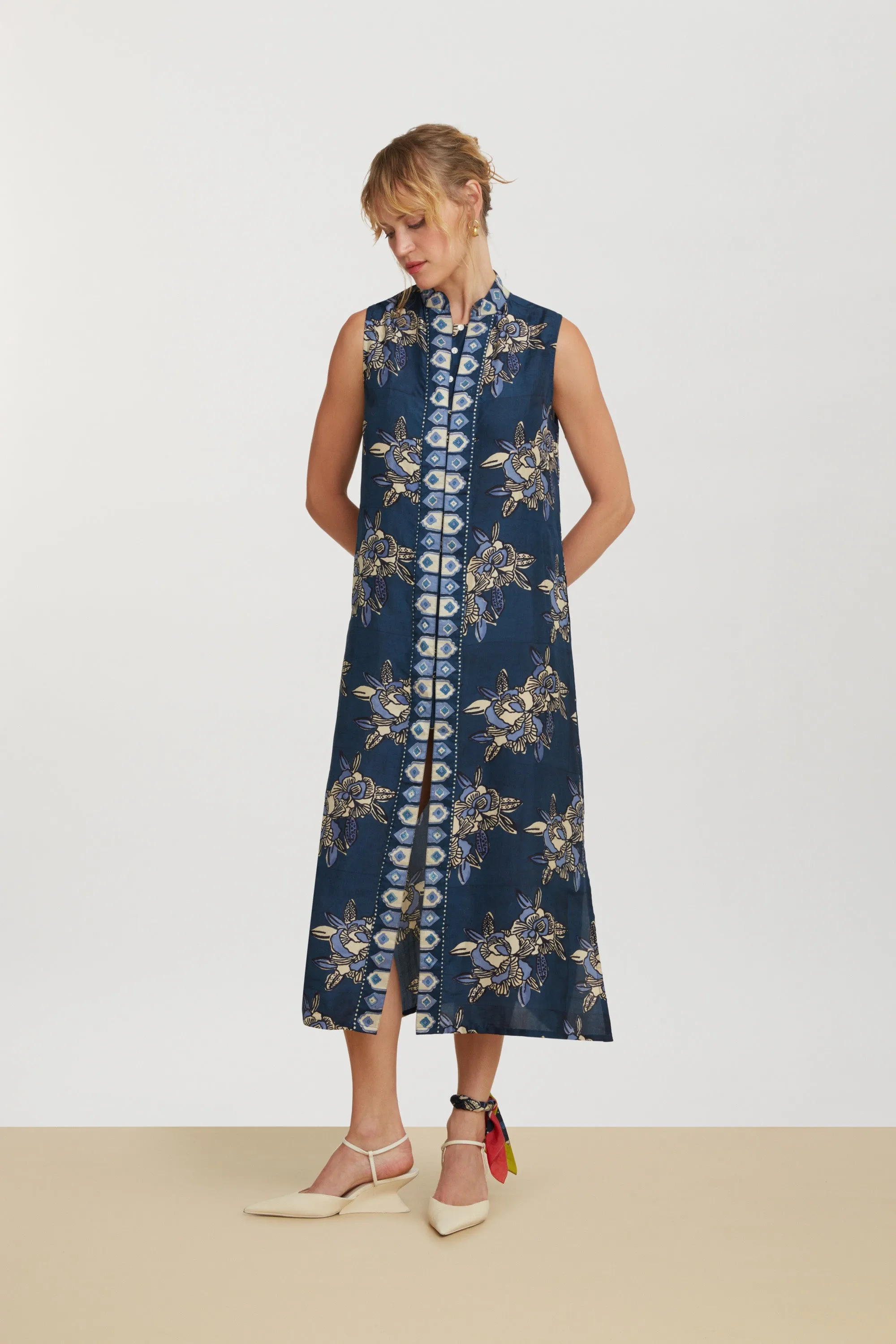 Benares Long Gilet Dress in Indigo Blues