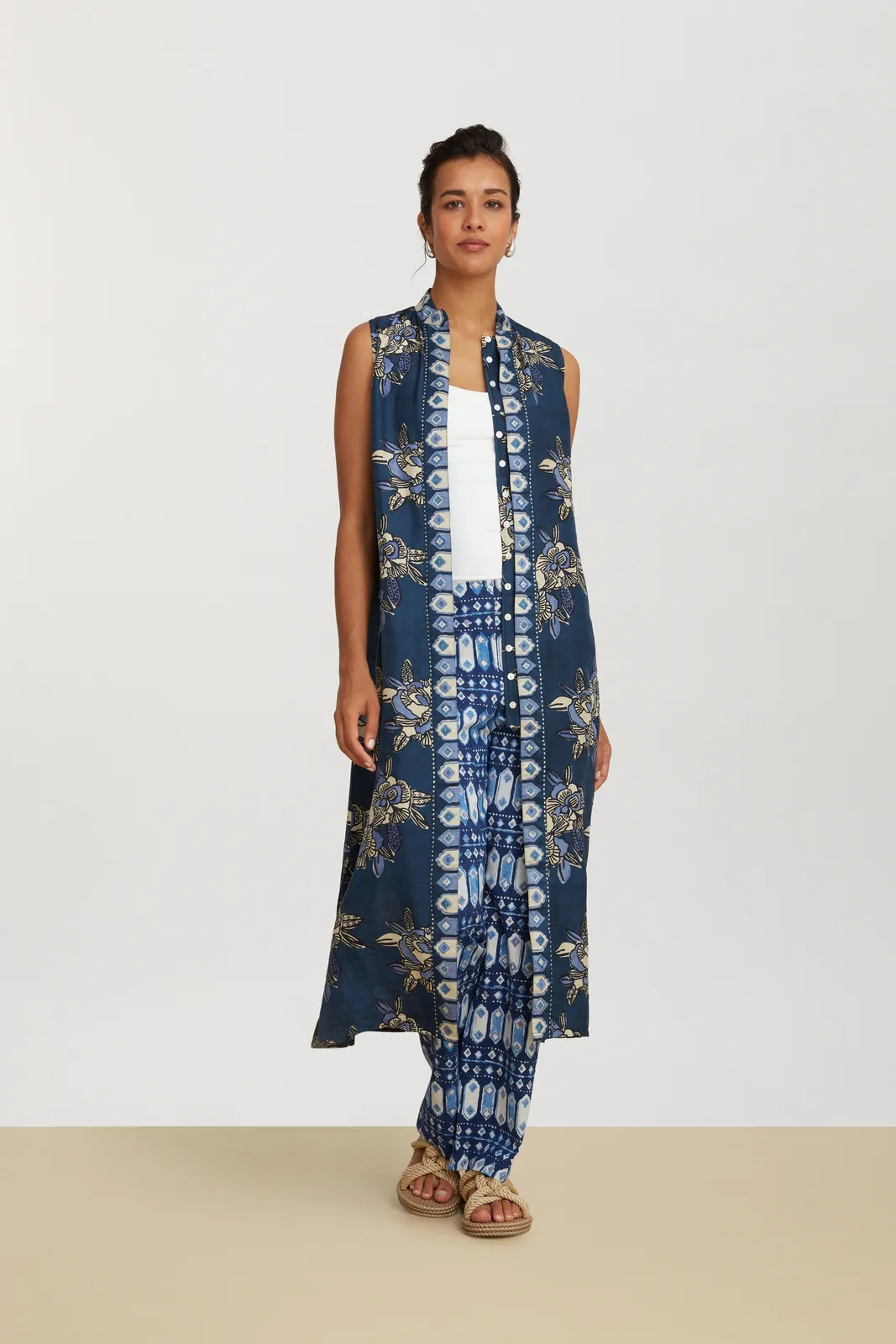 Benares Long Gilet Dress in Indigo Blues