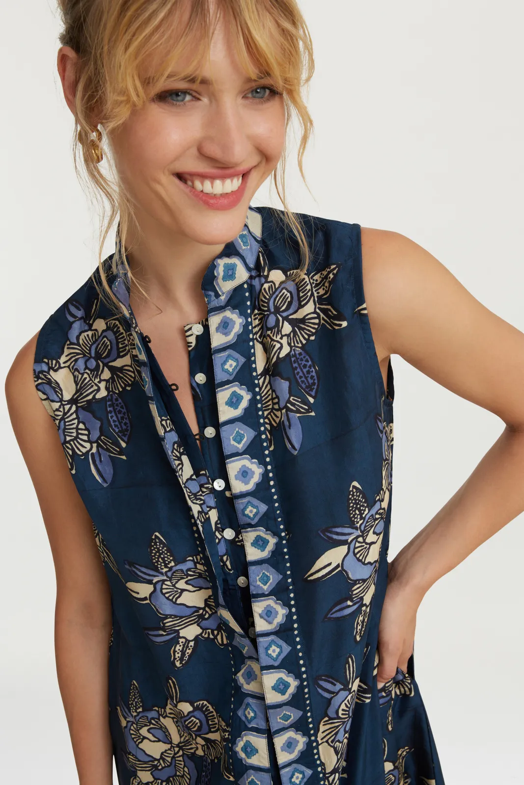Benares Long Gilet Dress in Indigo Blues