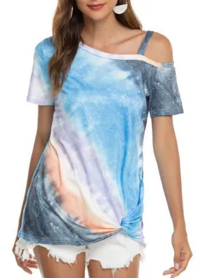 Gradient Color Cold Shoulder Twisted T-shirt