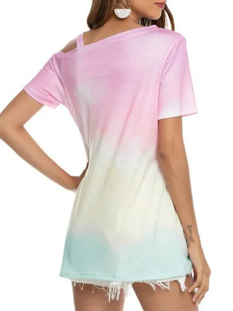 Gradient Color Cold Shoulder Twisted T-shirt