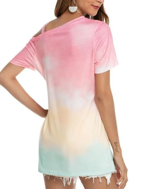 Gradient Color Cold Shoulder Twisted T-shirt