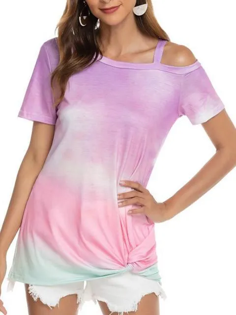 Gradient Color Cold Shoulder Twisted T-shirt