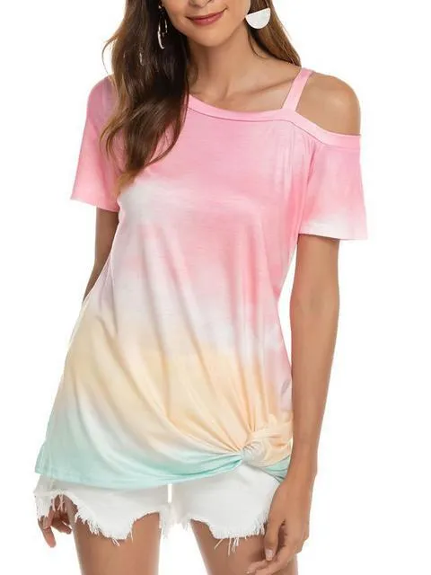 Gradient Color Cold Shoulder Twisted T-shirt