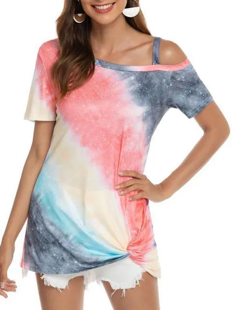Gradient Color Cold Shoulder Twisted T-shirt