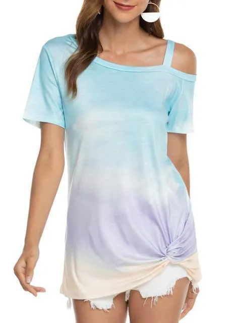 Gradient Color Cold Shoulder Twisted T-shirt