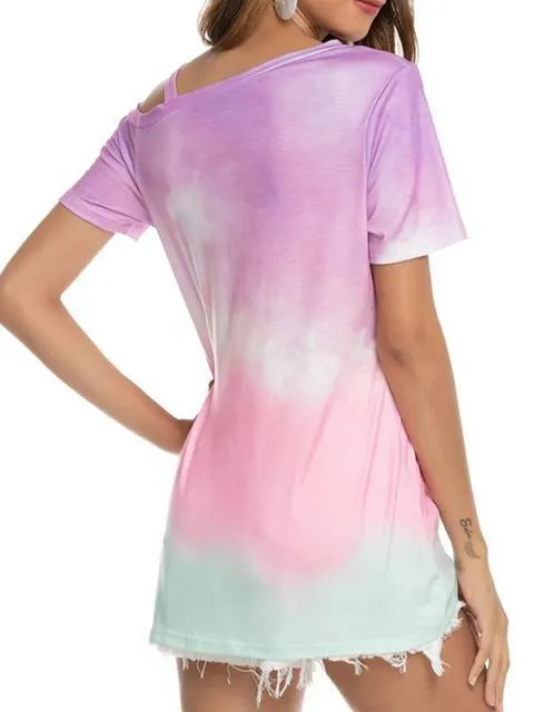 Gradient Color Cold Shoulder Twisted T-shirt
