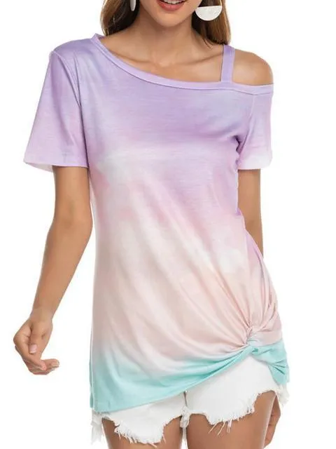 Gradient Color Cold Shoulder Twisted T-shirt