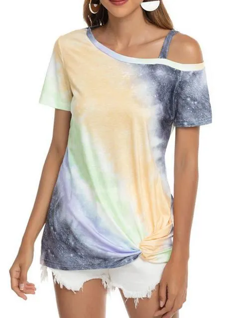 Gradient Color Cold Shoulder Twisted T-shirt