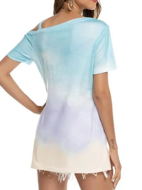 Gradient Color Cold Shoulder Twisted T-shirt