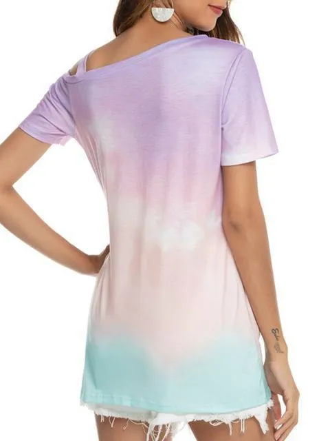 Gradient Color Cold Shoulder Twisted T-shirt