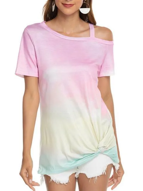 Gradient Color Cold Shoulder Twisted T-shirt