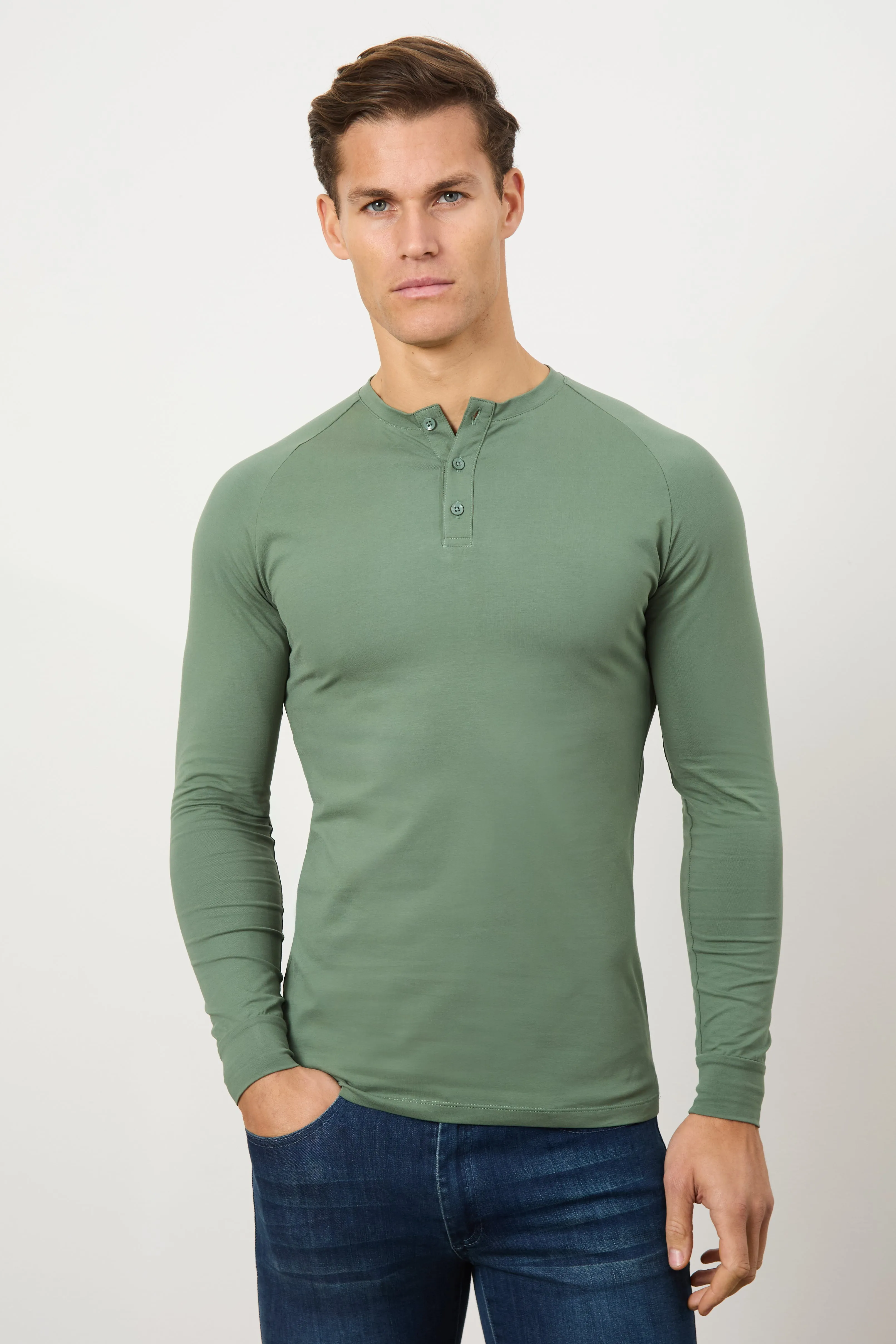 Long Sleeve Everyday Henley T-Shirt in Sage Green