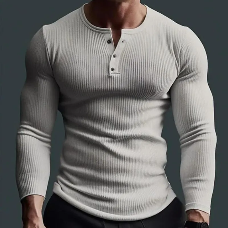 Men's Slim Fit Solid Ribbed Long Sleeve Henley T-Shirt 87666357F