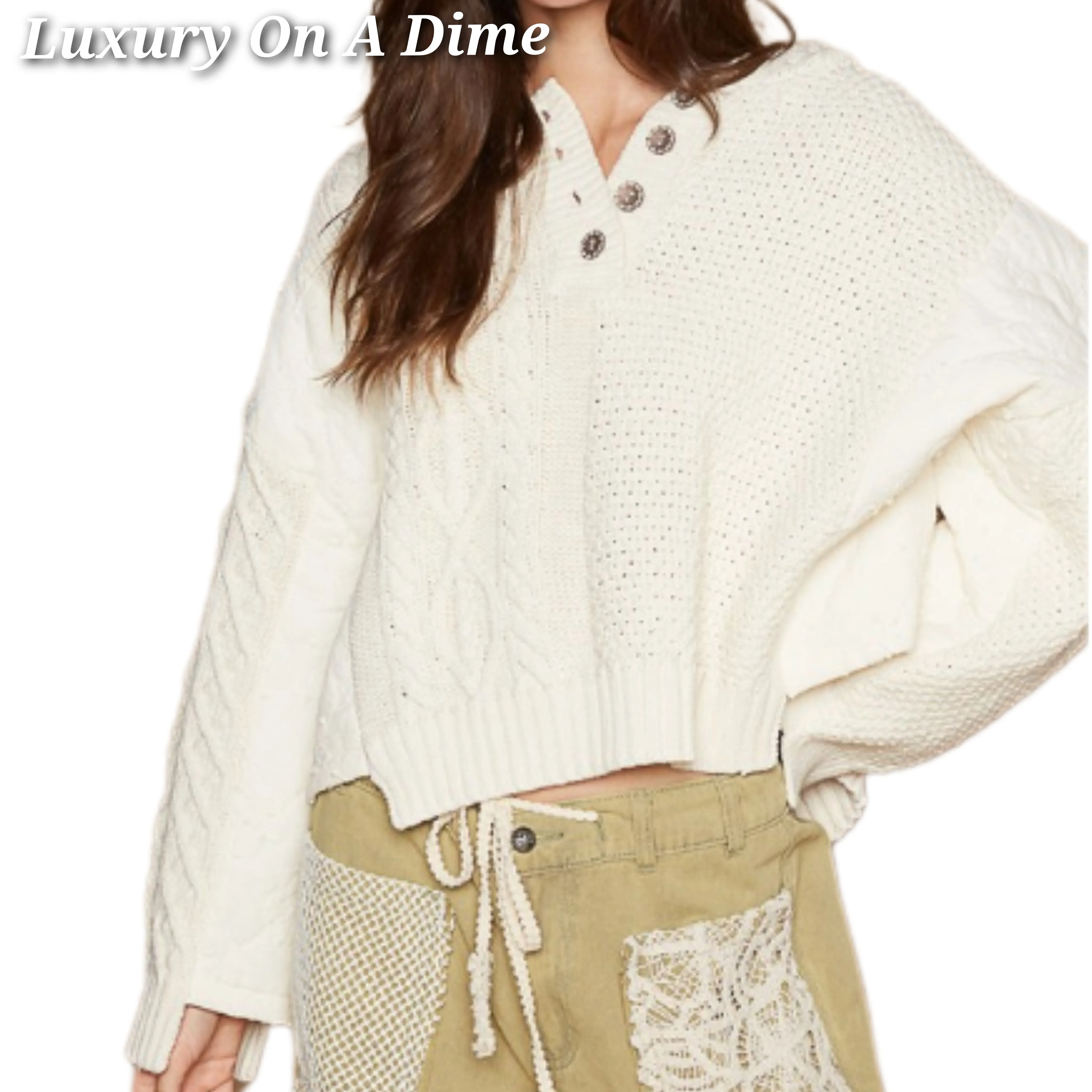 POL Hoodie Oversized Sweater Cable Knit Top Pullover Hippie Quarter Button Sweatshirt