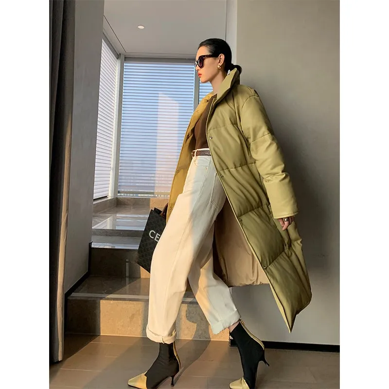 PU Leather long plus down jacket coat - Kabara Wood
