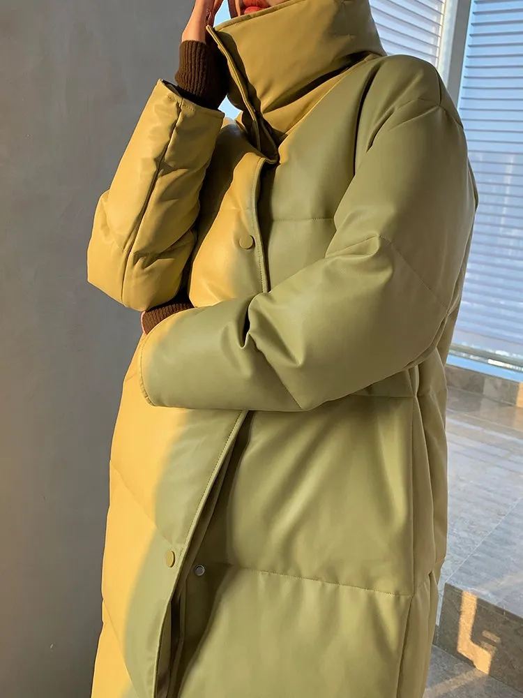 PU Leather long plus down jacket coat - Kabara Wood