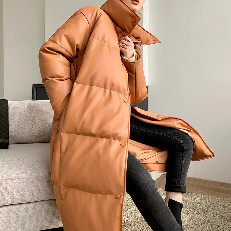PU Leather long plus down jacket coat - Kabara Wood