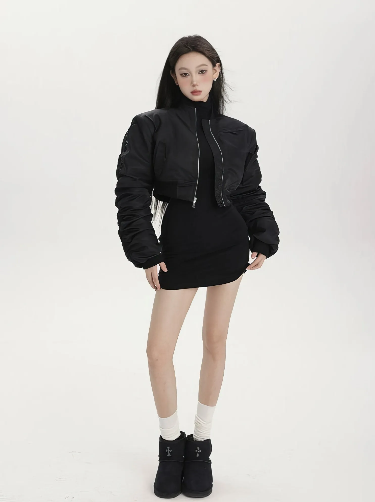Puffer Ruched Sleeve Cropped Bomber Jacket