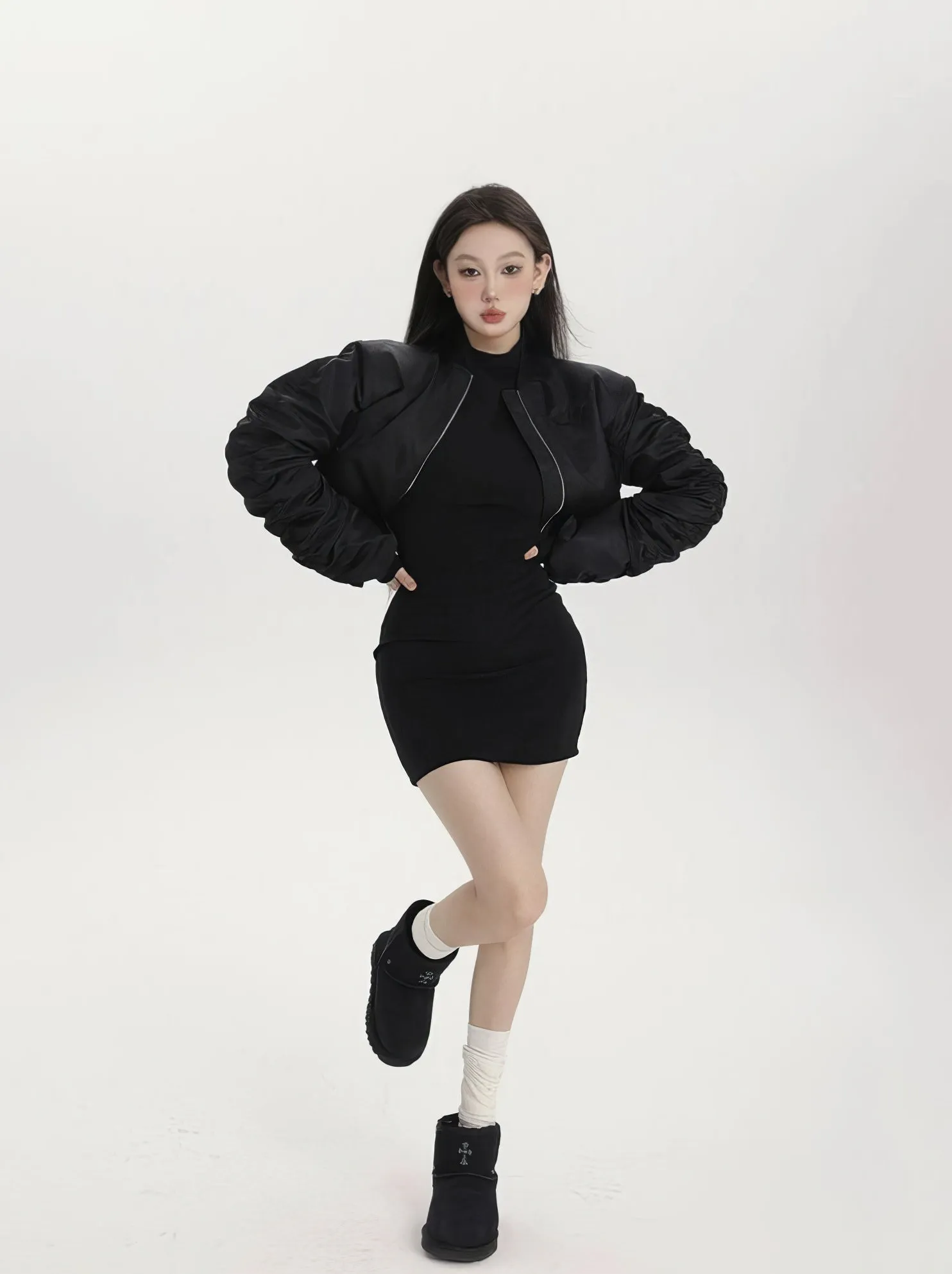 Puffer Ruched Sleeve Cropped Bomber Jacket