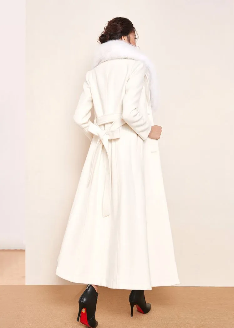 White Fox Fur Collar Single Breasted Belted Wool Blend Long Coat