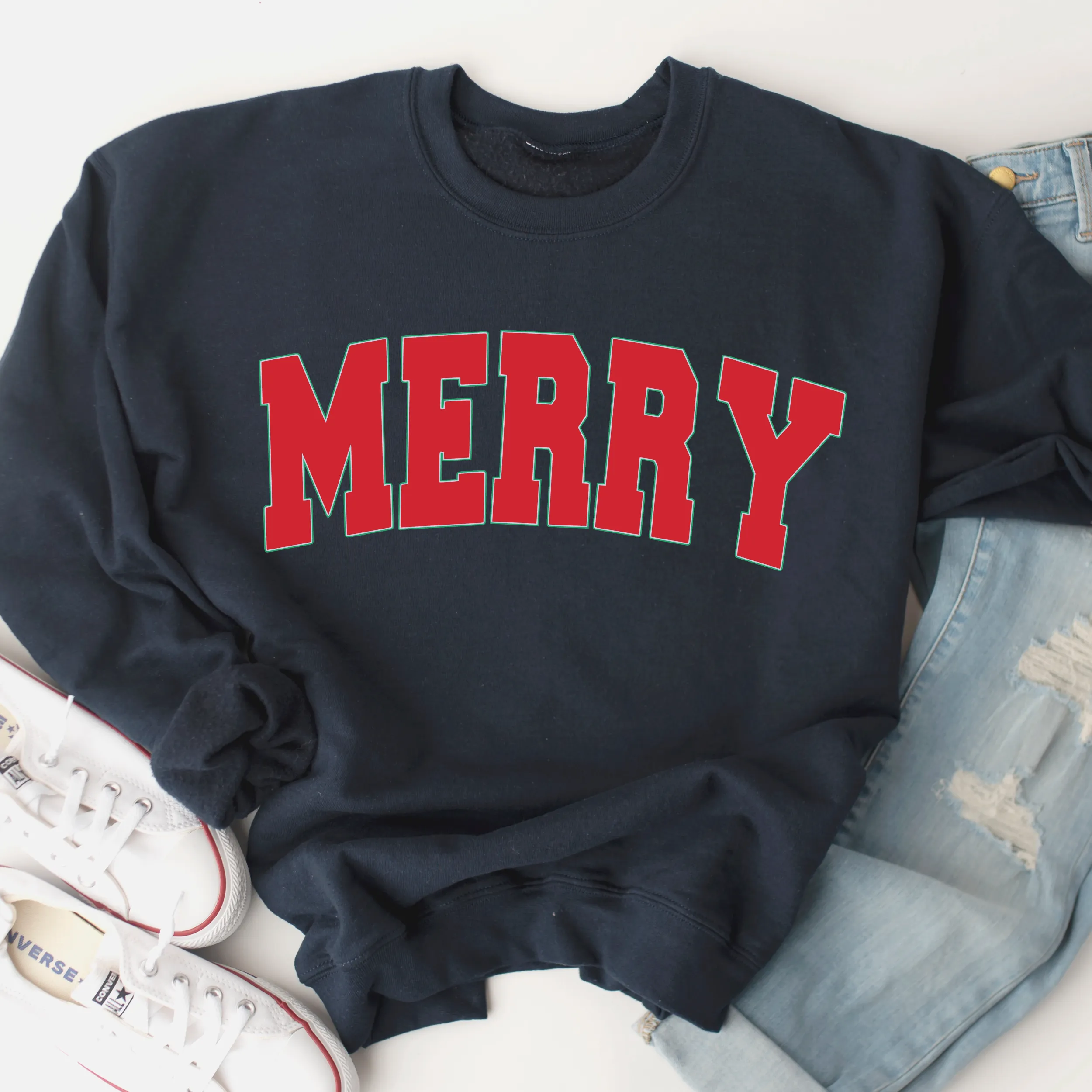 Women's Christmas Merry Unisex-Size Crewneck Sweatshirt Winter in Ash, Sand, White or Navy